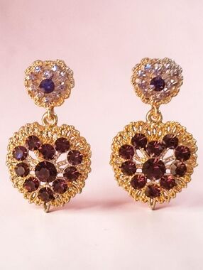 ✨💜Royal Purple Crystal Drop Earrings Elegant Textured Gold Filigree Design-NWOT
